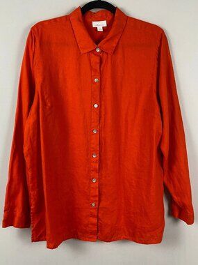 J Jill Love Linen Button Up Shirt Size Large Orange Solid Stripe Long Sleeve